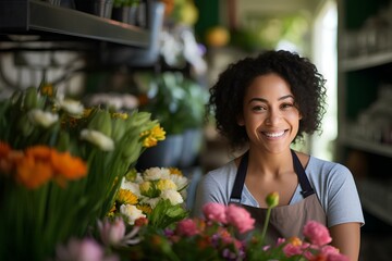 Happy african american flower shop owner smiling as she achieves success in her small business. concept of happiness in everyday life. generative AI