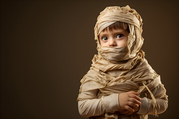 studio portrait of a little boy wearing halloween mummy costume - obrazy, fototapety, plakaty