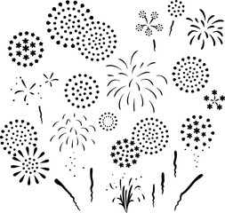 打ち上げ花火のモノクロイラストセット