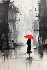 Woman walking in the rain with a red umbrella.
