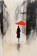 Woman walking in the rain with a red umbrella.