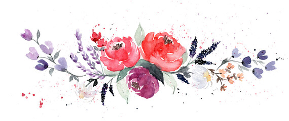 handgemaltes Bouquet aus Watercolor Blumen in Rot, Pink und Lila mit Greenery - obrazy, fototapety, plakaty