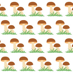 Seamless pattern of mushrooms with green grass on a white background, autumn vector illustration.