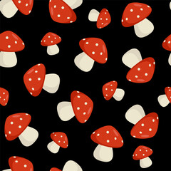 Fly agaric seamless pattern in cartoon style on black, vector graphic.
