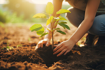 A woman planting a tree in a backyard 