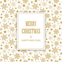 Fototapeta na wymiar Merry Christmas and Happy New Year greeting card with gold snowflakes.