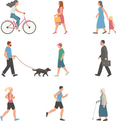 Vector collection of people going about their business, walking or exercising, jogging