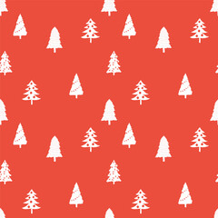 Seamless pattern with Christmas trees on a red background. Vector illustration.