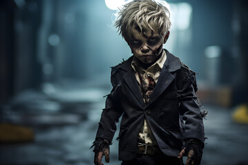 portrait of a little boy wearing halloween zombie costume - obrazy, fototapety, plakaty