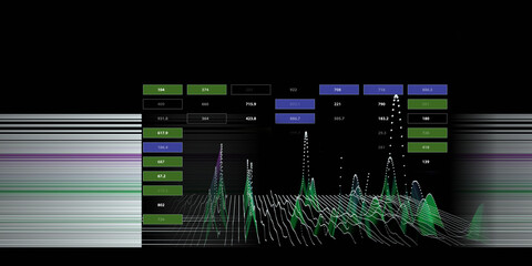 Abstract background graph  wavy grid with white  spheres, blurred line with data. Technology wireframe interlacement concept in virtual space. Big Data. 