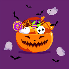 Halloween pumpkin basket full of candies and sweets. Halloween trick or treat party poster flat vector template. Celebration invitation flyer design. Vector illustration isolated on violet background