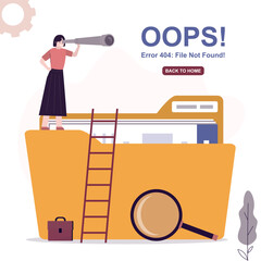404 Error, file not found- web page template. Woman clerk uses spyglass for search files in data folder. File manager, documents in database. Errors and problems in network.