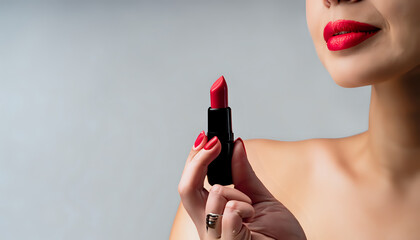woman applying lipstick, Delicate fingers clasp a lipstick in a poised gesture, mouth, up, eyes, closeup, Generative Ai - obrazy, fototapety, plakaty