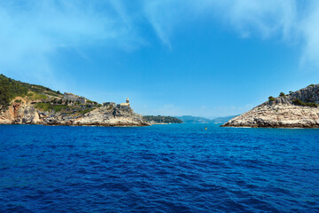 Beautiful medieval fisherman town of Portovenere (UNESCO Heritage Site) view from sea (near Cinque...