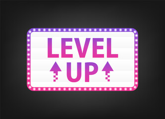 Purple gradient level up logotype. Typography logo design. Creative negative space logo. Flat and minimal logo design. Gaming dynamic logo design. Lightbox with up arrow icon. Vector illustration