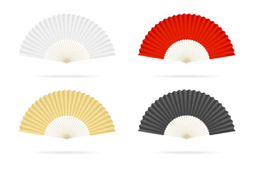 Set of four chinese folding hand fan vector isolated on white, red, white, black, golden. Vector illustration