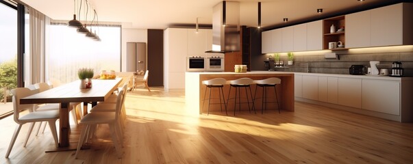 large kitchen space with modern interior design with wooden table and chairs.