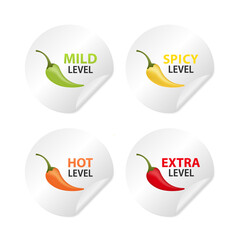 Realistic Vector Round Stickers with Spicy Chili Pepper Levels. Red, Orange, Yellow, Green Jalapeno Pepper Strength Scale Sticker Indicators with Mild, Spicy, Hot and Extra. Vector illustration