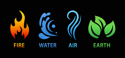 Four elements nature fire air earth water vector icons set logo. Symbol design of wind, air, fire, water, earth for app concept. Vector illustration