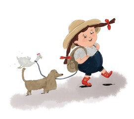 Funny company of girl dog and hen