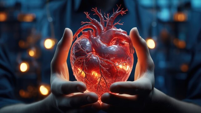 Glowing human heart in hands doctor and heart shape hands for love healthcare or life insurance at the hospital person or medical professional showing hand love emoji, symbol or sign gesture at clinic