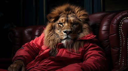 Lion sitting in tracksuit ,Generative AI
