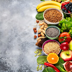 Healthy food clean eating selection: fruit, vegetable, seeds, superfood, cereals, leaf vegetable on gray concrete background copy space.