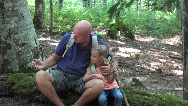 Father, Child Chatting on Tablet PC on Mountains Trail, Family Waving Goodbye
