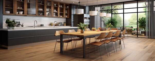 large kitchen space with modern interior design with wooden table and chairs.