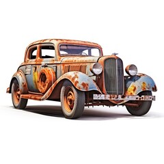 vintage rusted car isolated on white