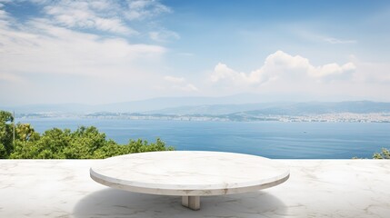 Empty white marble table top with sea background. Mockup design for display or montage of product placement. Summer luxury layout
