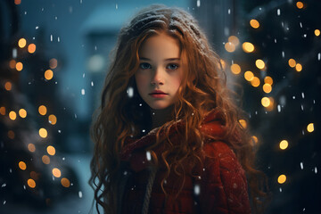 Christmas portrait of a girl in the snow at night