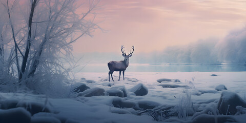 deer in the snow at sunset