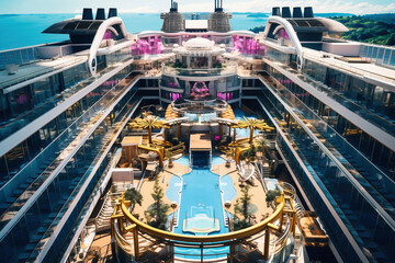 Fototapeta na wymiar View on top deck with swimming pool on a cruise ship. Vacation on a cruise ship. Cruise. Descent on the ship.