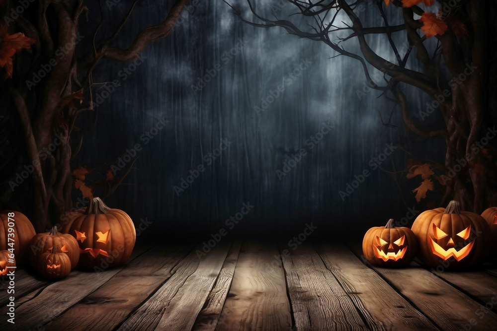 Wall mural halloween pumpkins near a tree in a cemetery with a scary house. halloween background at night fores