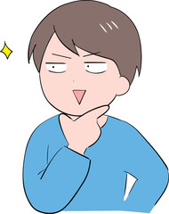 ひらめいた様子の顎に手を当てた私服の若い男性(上半身)