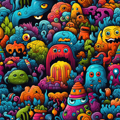 Fototapeta na wymiar Cute funny colorful trippy doodles repeat pattern