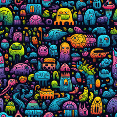Cute funny colorful trippy doodles repeat pattern