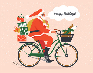 Merry Christmas, The New Year, Happy Holidays concept. The young man or Santa Claus and dog ride a bicycle in red hat and carries gifts. Isolated vector illustration in cartoon design.