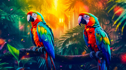 Obraz premium Two brightly colored parrots sit on a branch in a tropical jungle setting.