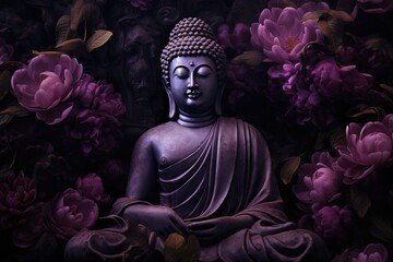 Buddha statue with purple flowers in the background..Generative Ai