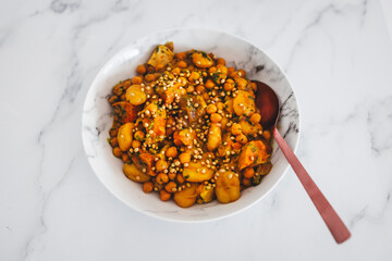plant-based potato gnocchi with roasted pumpkin and chickpeas