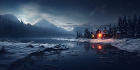 winter cabin by the lake at night. Christmas panoramic snow landscape, cinematic lighting