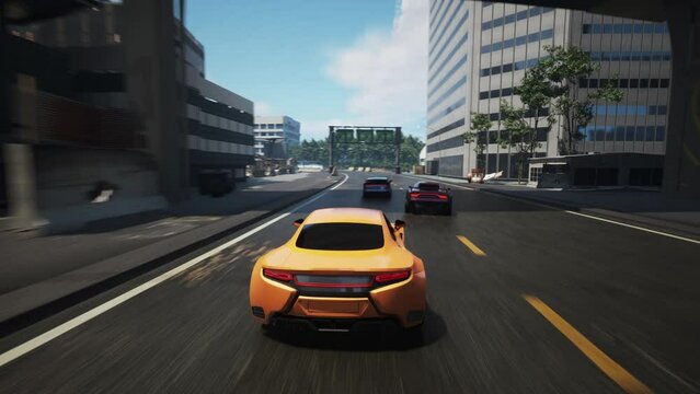 Using an orange car on the level of a new racing simulator computer game. Gaining speed to overtake rival cars in the simulator game. Taking the first place in the car simulator video game.