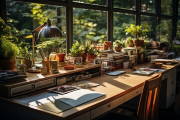 Office Desk Bathed In Warm Natural Light, Generative AI