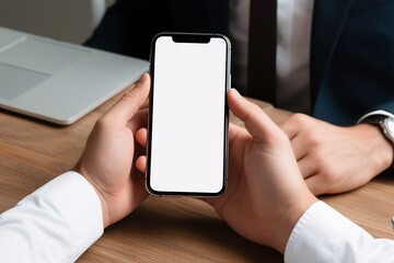businessman holding smartphone with blank screen at table in office