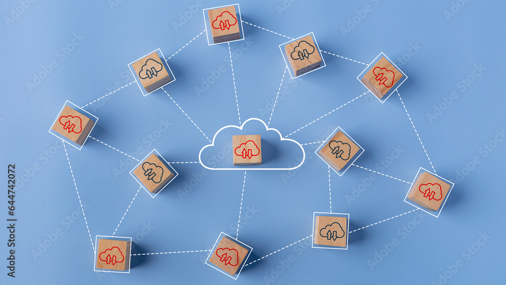 Aufkleber cloud computing concept. cloud icons on connected wooden cubes. the idea of sharing or transferring 