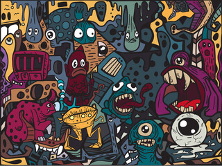 Hand Drawn Vivid Color Pattern Grafiti Draw Doodle Halloween Art Patterns For Textiles Children's Clothing, Background