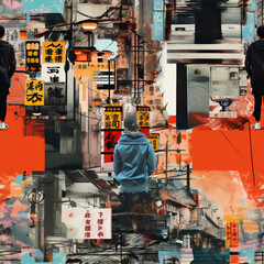 Japan Tokyo travel art collage repeat pattern moodboard