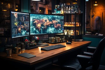 Office Desk With Multiple Monitors, Generative AI